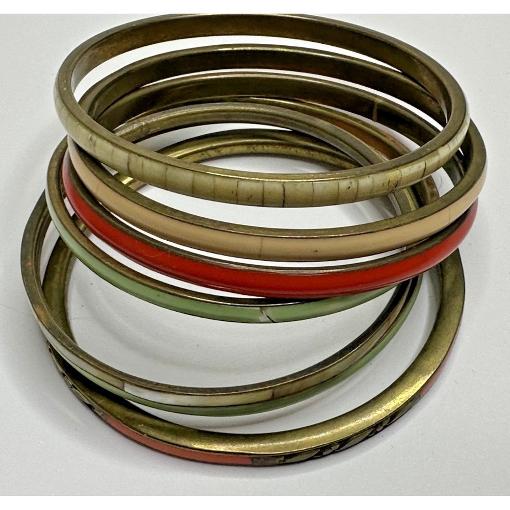 VTG Brass Bangles Shell MOP Green Red Orange Stackable Bracelets Set of 7 - Picture 4 of 5